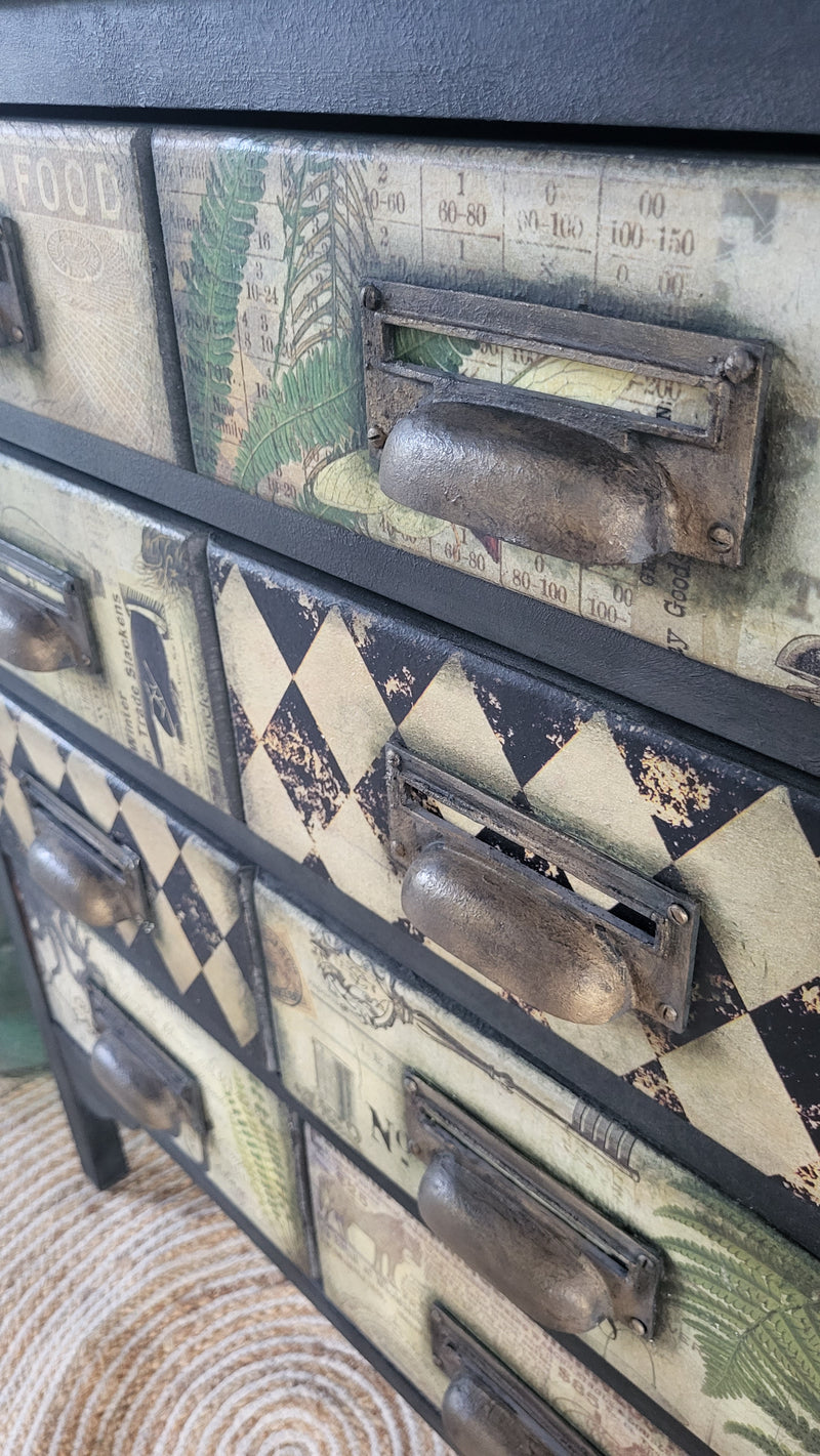 Bespoke Hand Painted and Decoupaged Faux Apothecary Chest of Drawers