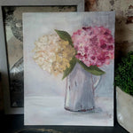 Original floral acrylic on board - hydrangeas in enamel jug