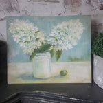 Original floral acrylic on board - hydrangeas in stoneware vase