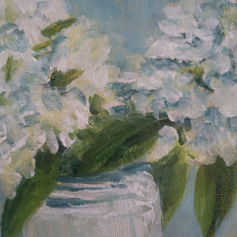 Original floral acrylic on board - hydrangeas in stoneware vase