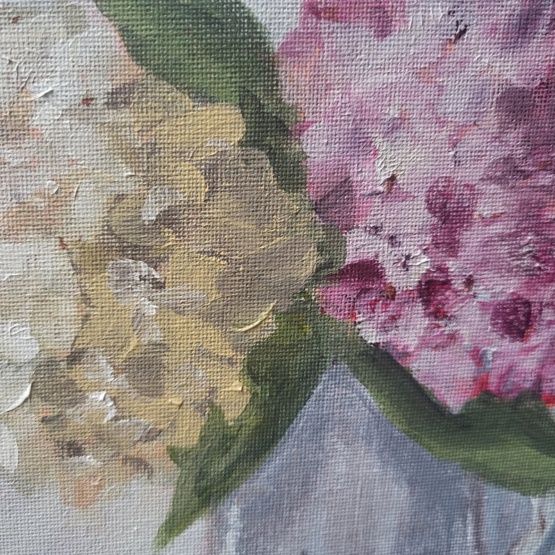 Original floral acrylic on board - hydrangeas in enamel jug