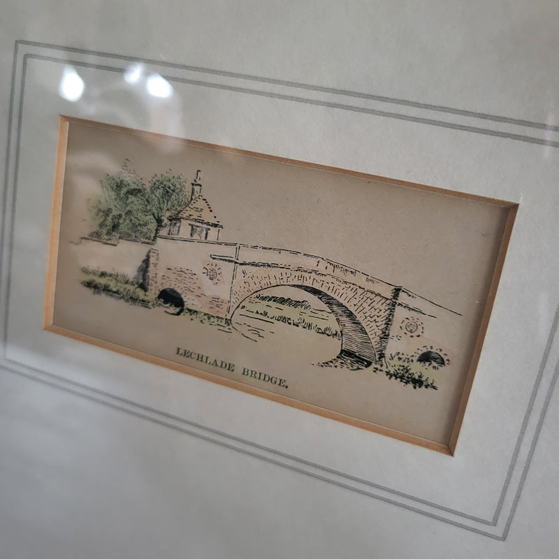 Hand-coloured etchings of local scenes: Lechlade Bridge, Cotswolds c.1902