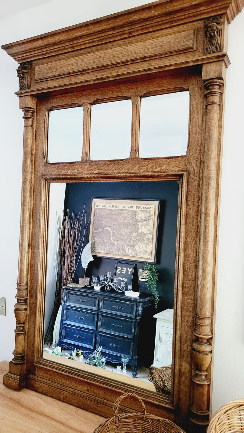 Antique French Oak Panelled Overmantle Mirror
