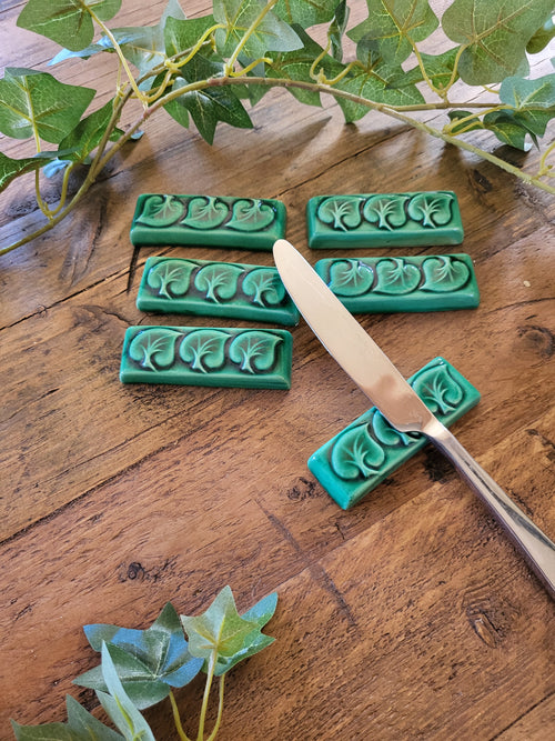 Set of 6 Green Ceramic Porte Couteau (cutlery rests)