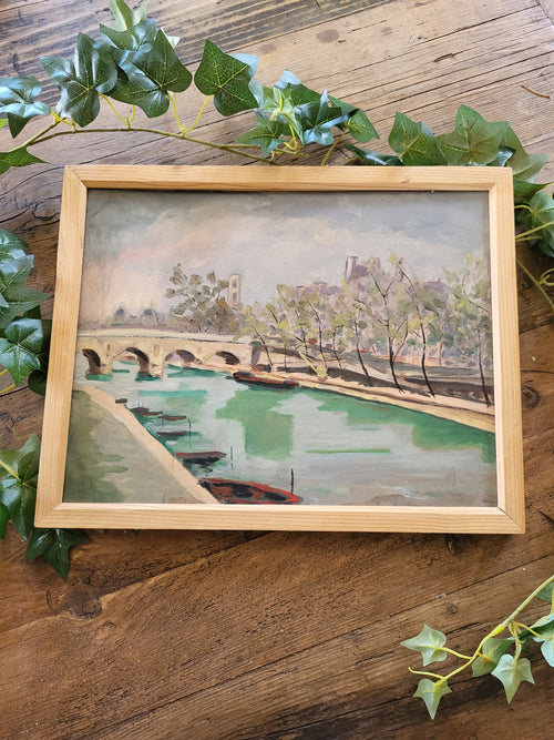Framed artwork French vintage oil on board. River scene