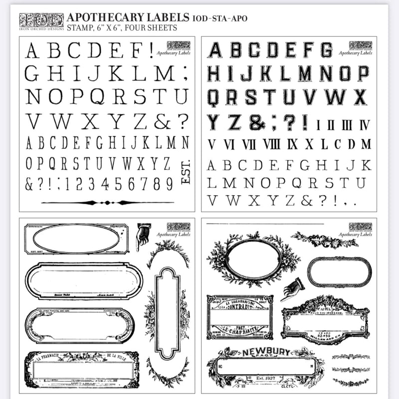 Apothecary Labels Decor 4 sheet Stamp by Iron Orchid Designs - Ink, Chalk Paint, Furniture Craft Stamp 12"x12"