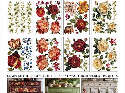 Collage de Fleurs transfer by Iron Orchid Designs 12 x 16" (pad of 8 sheets) for furniture, crafts and decor