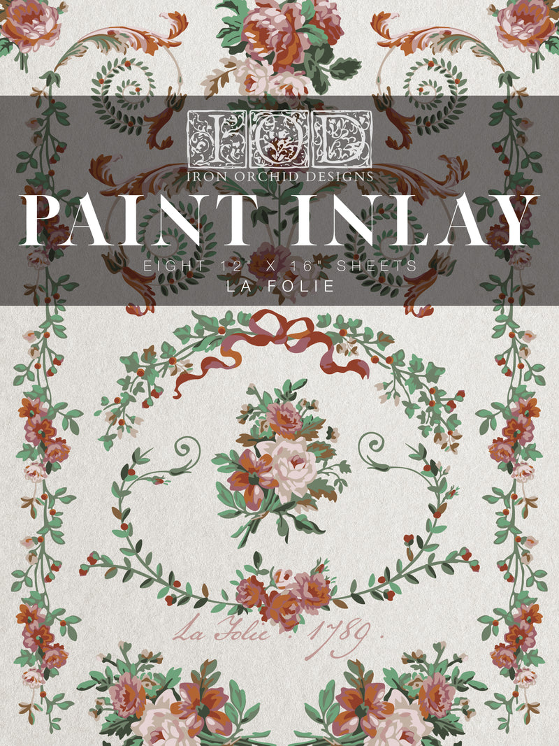 Floral design paper with 'Iron Orchid Designs Paint Inlay' with Victorian floral and swag designs