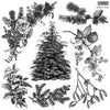 Black and white illustration of holly, pine, and other winter elements on a white background.