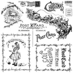 Collection of vintage-style Christmas postcard designs with reindeer, Santa Claus, and decorative text.