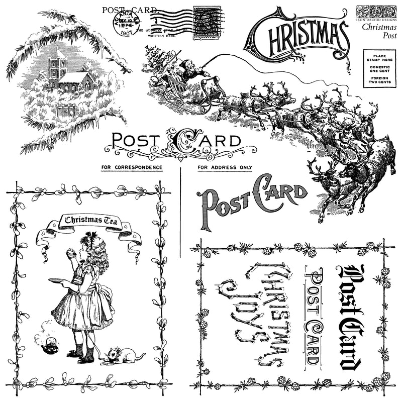 Collection of vintage-style Christmas postcard designs with reindeer, Santa Claus, and decorative text.