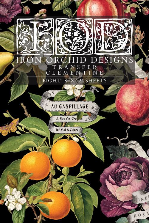Iron Orchid Designs transfer with floral and fruit design on a black background