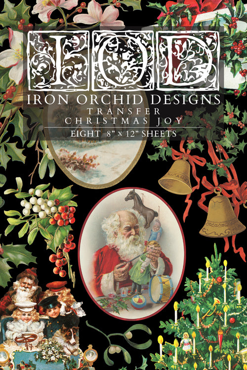 Iron Orchid Designs Christmas transfer sheet with vintage-style illustrations on a black background.