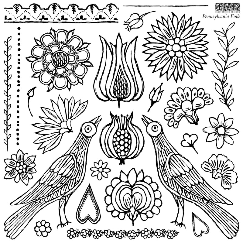 PENNSYLVANIA FOLK Decor Stamp by Iron Orchid Designs - Ink, Chalk Paint, Furniture Craft Stamp 12"x12"