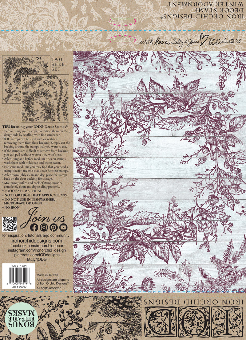 WINTER ADORNMENT Decor 2 Sheet Stamp by Iron Orchid Designs - Ink, Chalk Paint, Furniture Craft Stamp 12"x12"