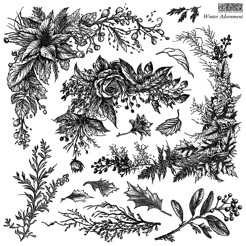 WINTER ADORNMENT Decor 2 Sheet Stamp by Iron Orchid Designs - Ink, Chalk Paint, Furniture Craft Stamp 12"x12"