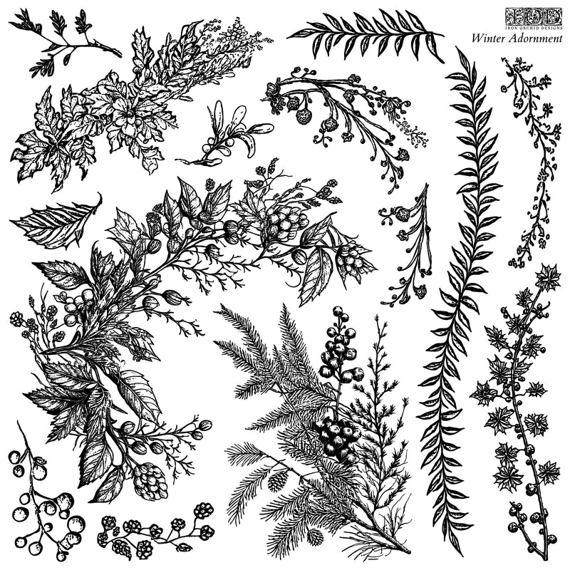 WINTER ADORNMENT Decor 2 Sheet Stamp by Iron Orchid Designs - Ink, Chalk Paint, Furniture Craft Stamp 12"x12"