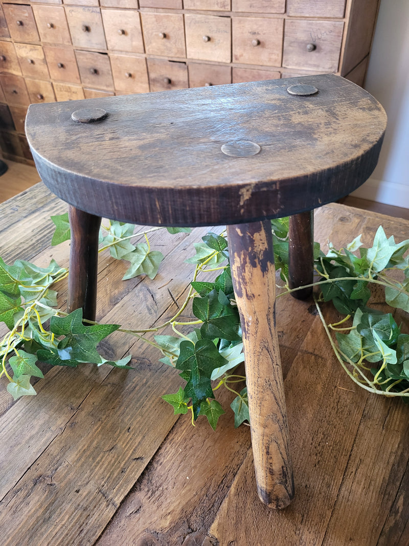 Rustic Vintage French Tripod Demi-lune Milking Stool