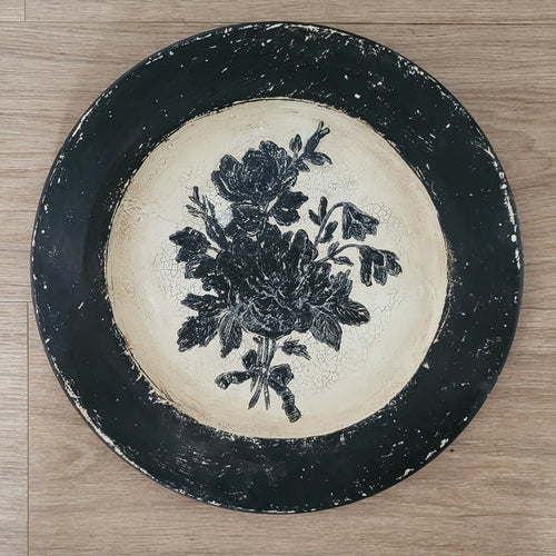 Hand-decorated botanical wooden platter for vintage-inspired wall decor