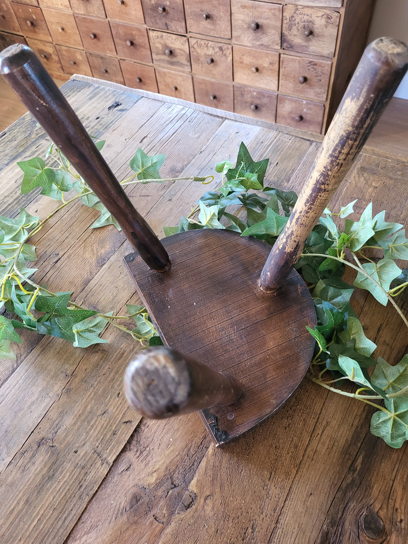 Rustic Vintage French Tripod Demi-lune Milking Stool