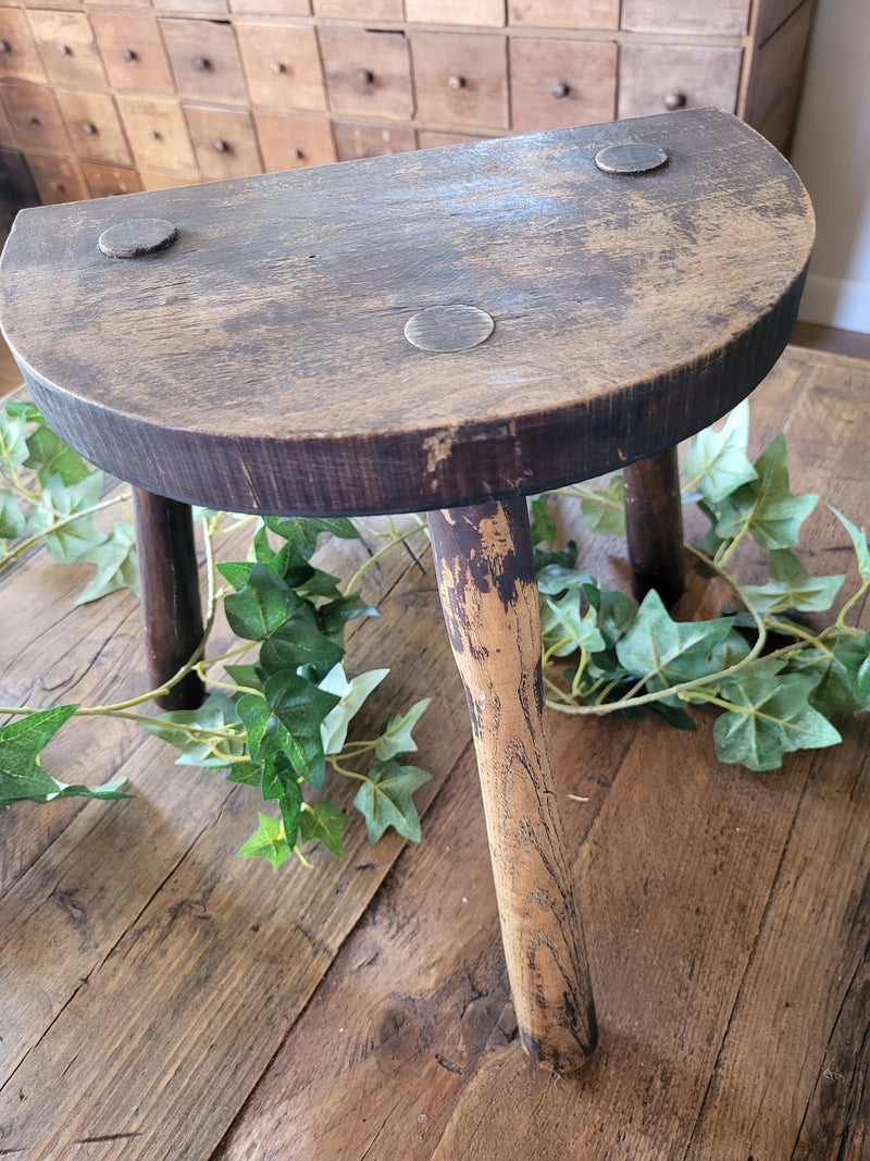 Rustic Vintage French Tripod Demi-lune Milking Stool