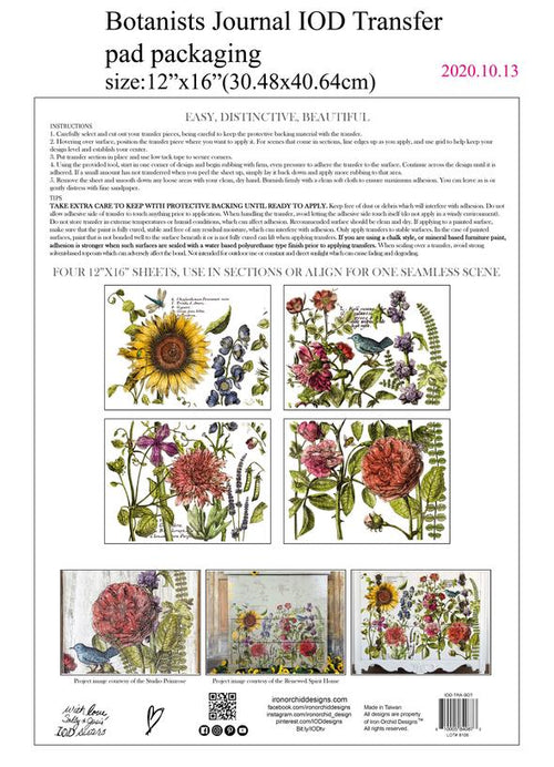 Botanist Journal Decor transfer by Iron Orchid Designs 12 x 16" (pad of 4 sheets) for furniture, crafts and decor