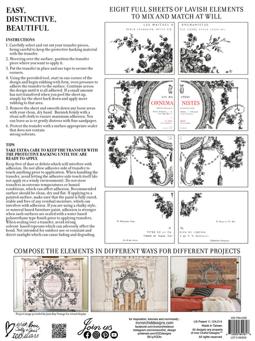 Cosette transfer by Iron Orchid Designs 12 x 16" four sheet PAD for furniture, crafts and decor