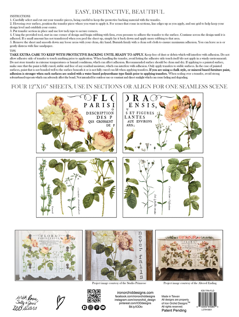 Flora Parisiensis Decor transfer by Iron Orchid Designs 12 x 16" (pad of 4 sheets) for furniture, crafts and decor