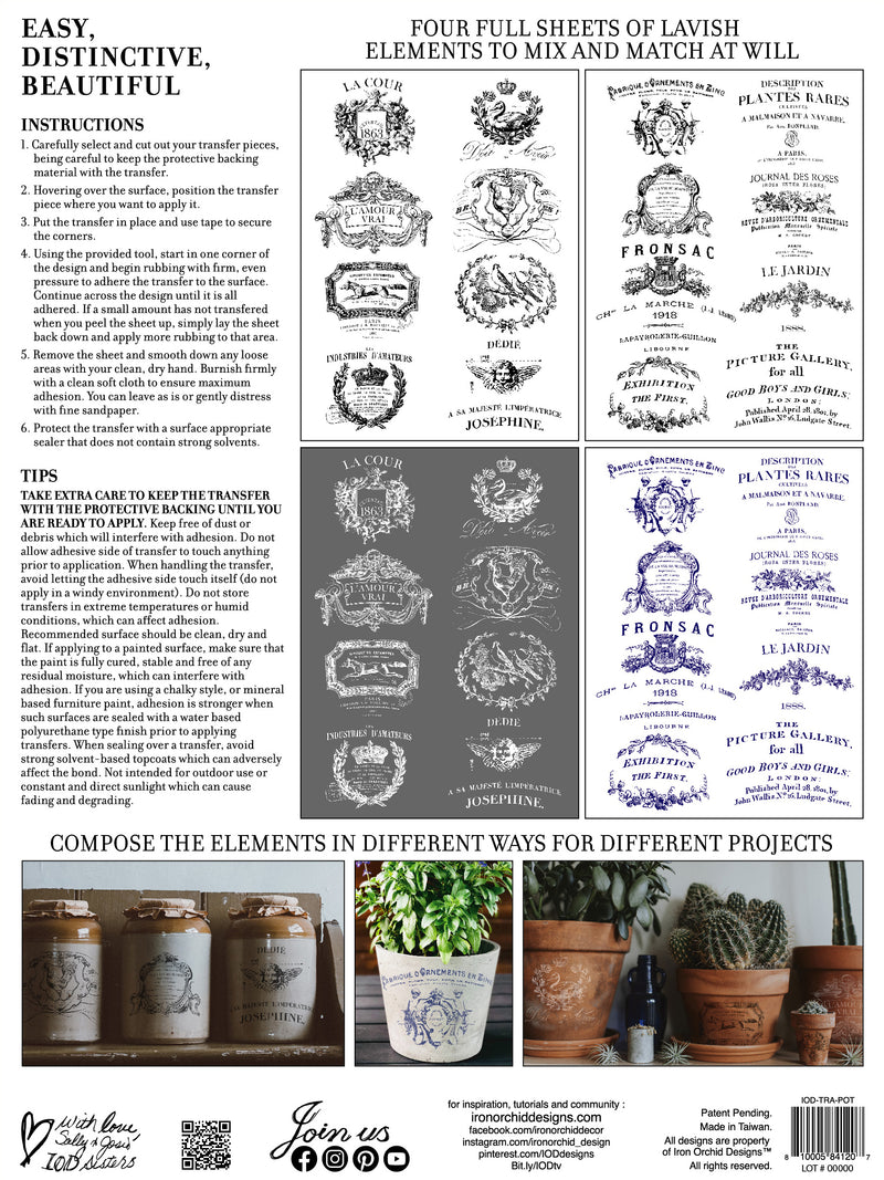 TRADITIONAL POTS Decor transfer by Iron Orchid Designs 12 x 16" (pad of 4 sheets) for furniture, crafts and decor