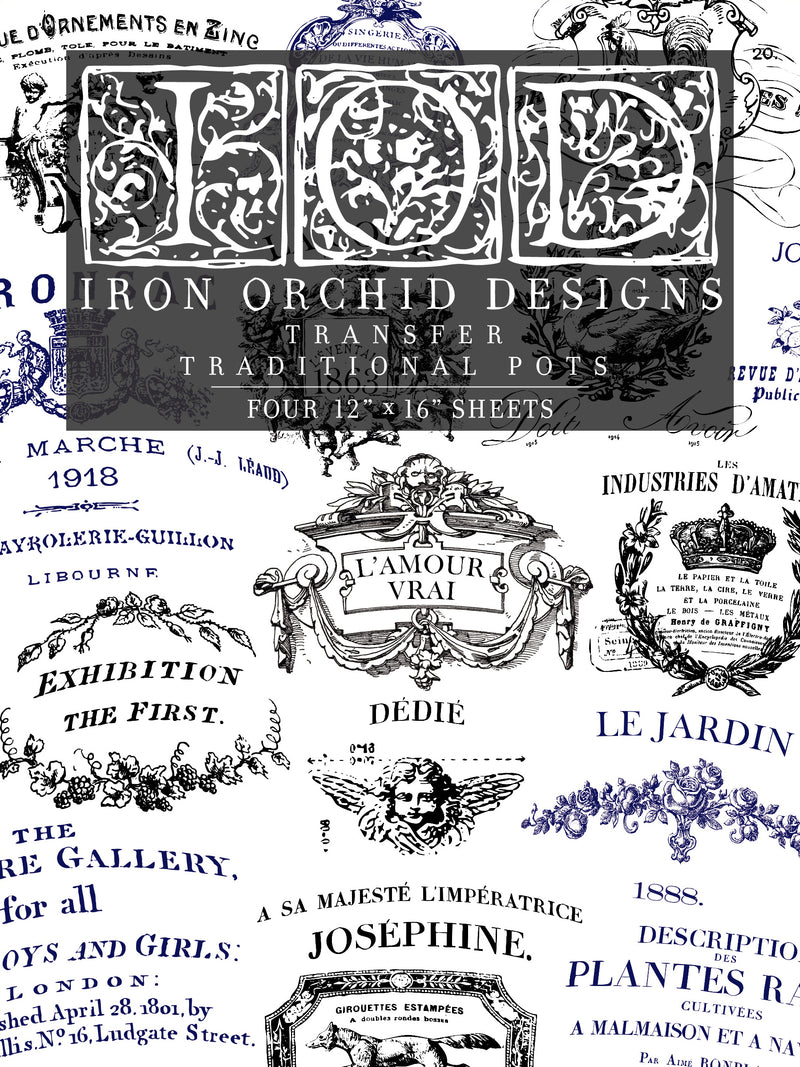 TRADITIONAL POTS Decor transfer by Iron Orchid Designs 12 x 16" (pad of 4 sheets) for furniture, crafts and decor